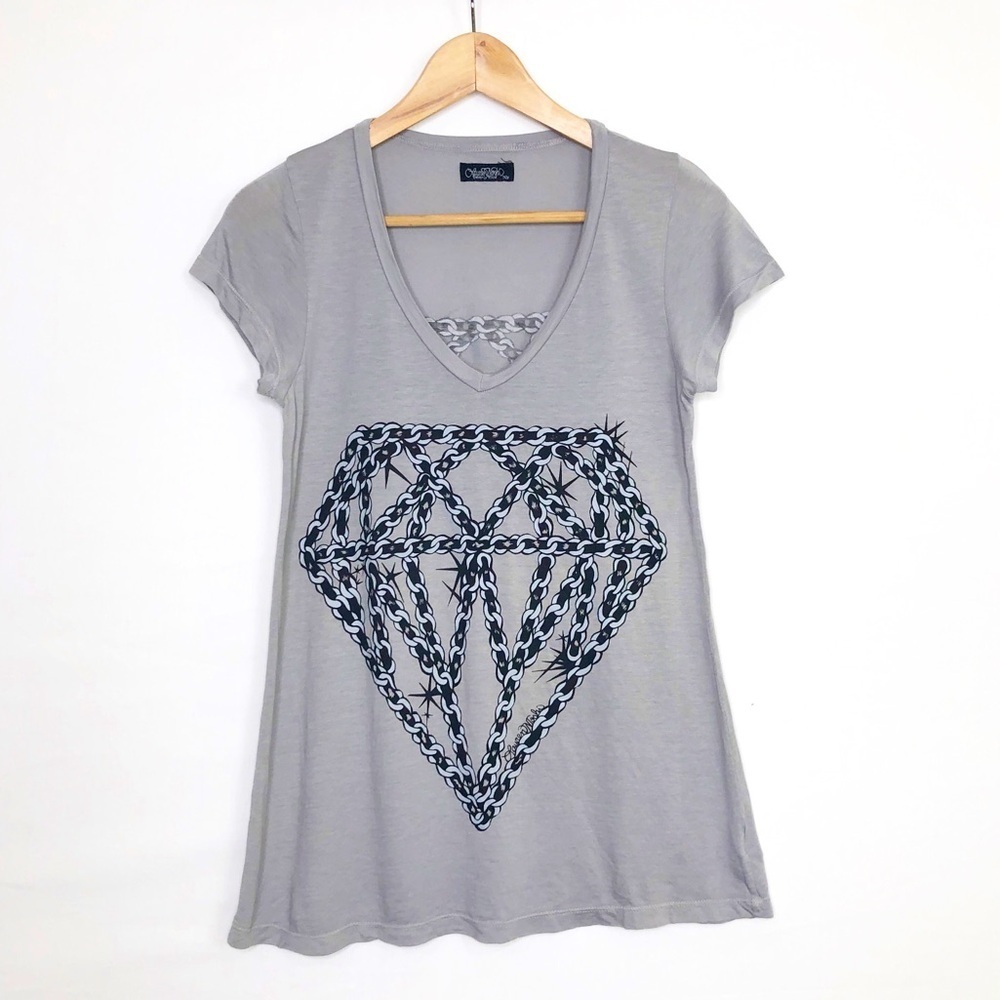 Lauren Moshi Gray Barbwire V-neck graphic T-shirt